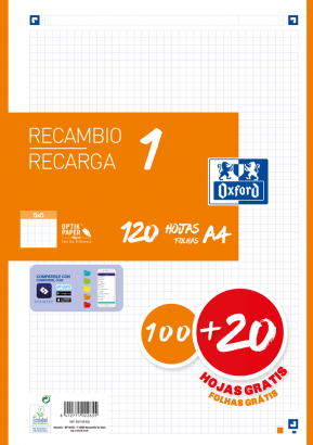 OXFORD - RECAMBIO 100H + 20H GRATIS 4 TALADROS A4 90GR 5X5 1 BANDA NARANJA (Ref.400158163)