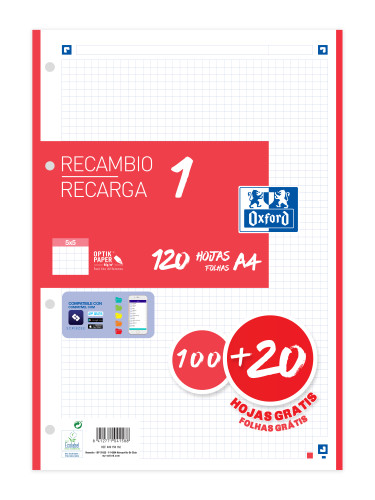 OXFORD - RECAMBIO 100H + 20H GRATIS 4 TALADROS A4 90GR 5X5 1 BANDA ROJO (Ref.400158162)