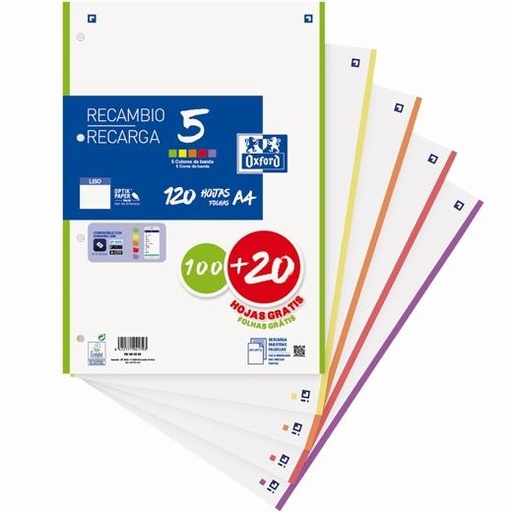 OXFORD - RECAMBIO 100H + 20H GRATIS 4 TALADROS A4 90GR LISO 5 BANDAS C/SURTIDOS VIVOS (Ref.400158168)