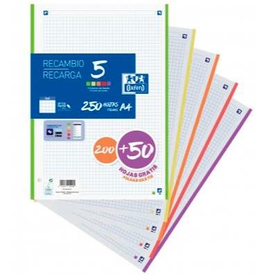 OXFORD - RECAMBIO 200 + 50 HOJAS A4 MICROPERFORADAS 4 CUADRÍCULA 5X5MM 90GR 5 BANDAS COLORES VIVOS (Ref.400150903)