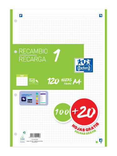 OXFORD - RECAMBIO CLASSIC 1 COLOR 100H + 20H GRATIS A4 90GR 5X5MM 4/TALADROS BANDA VERDE (Ref.400158059)
