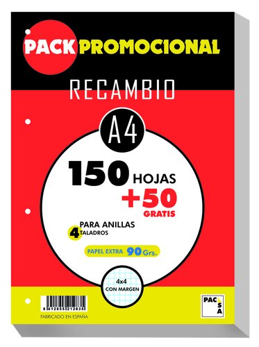 PACSA - PACK RECAMBIO 90 GRS. 4 TALADROS . DIN A4 CUADRICULA 4X4 150 HOJAS + 50 GRATIS (Ref.21283)
