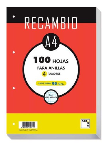 PACSA - RECAMBIO 4 TALADROS 100 HOJAS 90 GR 4X4 A4 (Ref.21281)