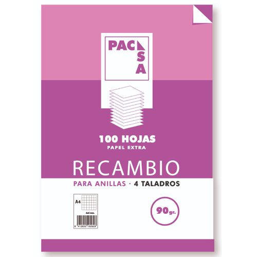 PACSA - RECAMBIO 90 GRS . 4 TALADROS FOLIO (215X310MM.) 100 HOJAS CUADRÍCULA 4X4 CON MARGEN (Ref.21261)