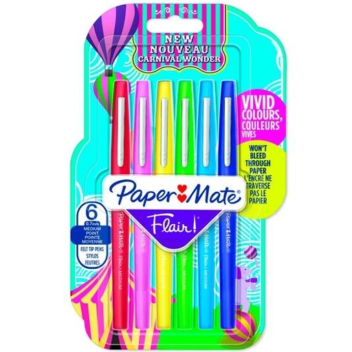 PAPER MATE - FLAIR ORIGINAL ROTULADOR PUNTA DE FIBRA TAPÓN HERMÉTICO CARNIVAL BLISTER 6 COLORES (Ref.2108469)