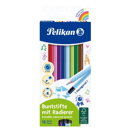 PELIKAN - LAPICES de COLORES BORRABLE estuche de 12 con GOMA (Ref.700689)