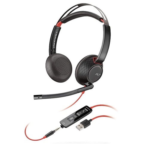 POLY - AURICULARES BLACKWIRE 5220 DIADEMA BINAURAL C/ MICRÓFONO CONTROL DE VOLUMEN CABLE USB+JACK 3,5MM NEGRO/ROJO (Ref.207576-201)
