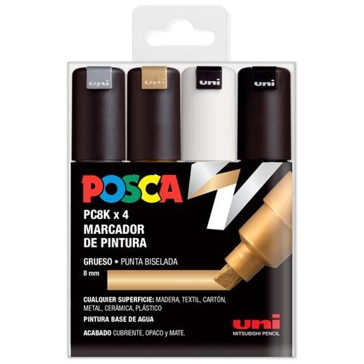 POSCA - UNIBALL MARCADOR PC-8K/4C NO PERMANENTE PUNTA BISELADA 8.0MM COLORES SURTIDOS GSWB -ESTUCHE 4U- (Ref.182634677)