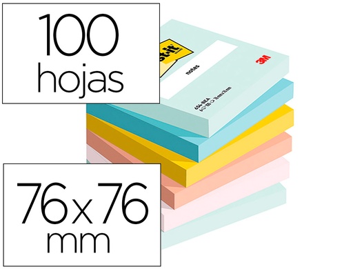 POST-IT - BLOC DE NOTAS ADHESIVAS QUITA Y PON BEACHSIDE 100% PEFC 76X76 MM 100 HOJAS PACK DE 6 UNIDADES (Ref.7100259201)