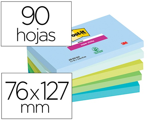 POST-IT - BLOC DE NOTAS ADHESIVAS QUITA Y PON SUPER STICKY OASIS 76X127 MM 90 HOJAS 100% PEFC PACK DE 5 UNIDADES (Ref.7100258790)