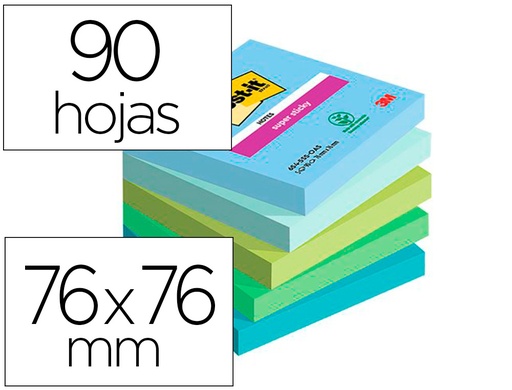 POST-IT - BLOC DE NOTAS ADHESIVAS QUITA Y PON SUPER STICKY OASIS 76X76 MM 90 HOJAS 100% PEFC PACK DE 5 UNIDADES (Ref.7100258898)