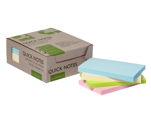 Q-CONNECT - BLOC DE NOTAS ADHESIVAS QUITA Y PON 76X127 MM 100% PAPEL RECICLADO COLORES PASTELES EN CAJA DE CARTON (Ref.KF17325)