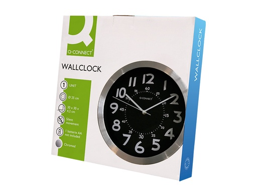 Q-CONNECT - RELOJ DE PARED METALICO REDONDO 25 CM MOVIMIENTO SILENCIOSO COLOR CROMADO CON ESFERA NEGRA (Ref.KF16948)