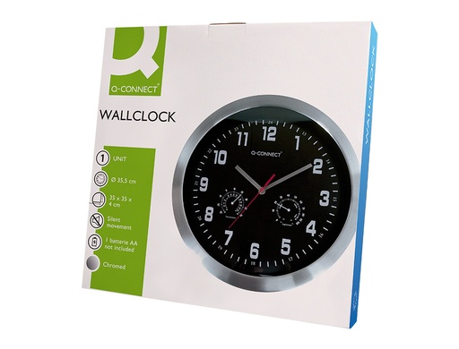 Q-CONNECT - RELOJ DE PARED METALICO REDONDO 35,5 CM MOVIMIENTO SILENCIOSO COLOR CROMADO CON ESFERA NEGRA (Ref.KF16953)