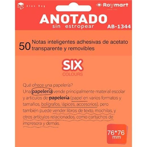 ROYMART - BLOC NOTAS ADHESIVAS INTELIGENTES REMOVIBLES TRANSPARENTES 50H 76X76MM ACETATO NARANJA FLÚOR (Ref.AB-1344)