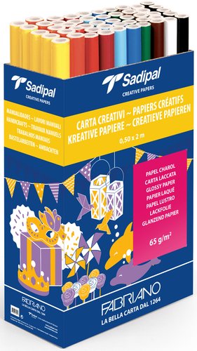 SADIPAL - PAPEL CHAROL ROLLO 0,5x2 m EXPOSITOR de 50:
(5 rollos x 10 colores: AMARILLO, AZUL COBALTO, AZUL PALIDO, BLANCO, MARRON, NARANJA, NEGRO, ROJO, ROSA, VERDE) (Ref.5356)