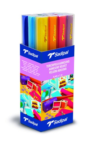 SADIPAL - TERCIOPELO ADHESIVO ROLLO 0,45 x 1 m SURTIDO EXPOSITOR de 12 ROLLOS (1x COLOR) (Ref.6728)