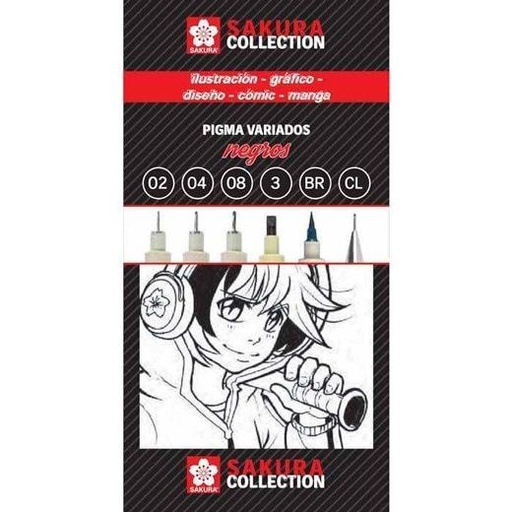 SAKURA - ROTULADOR CALIBRADO MANGA e ILUSTRACION SURTIDO NEGROS CAJA de 6
(Pigma Micron 0.2,0.4,0.8 + Pigma Graphic 0.3 + Portaminas) (Ref.PO06001)