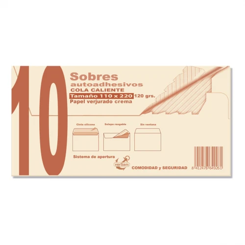 SAM - PAQUETES DE 10 SOBRES CREMA VERJURADO 110X220 120 GRS. (Ref.664926)