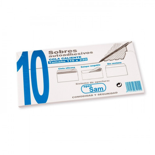 SAM - SOBRE 110x220 BLANCO 90g OPEN (SILICONA) PAQUETE de 10 (Ref.PQ.10 OPEN 110)