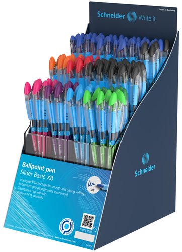 SCHNEIDER - BOLIGRAFO SLIDER BASIC XB EXPOSITOR de 120
36x 151203 AZUL
28x 151201 NEGRO
10x 151202 ROJO
 8x 151206 NARANJA
 8x 151208 VIOLETA
 8x 151209 ROSA
 8x 151210 AZUL CLARO
 8x 151211 VERDE CLARO
 6x 151204 VERDE (Ref.304102)