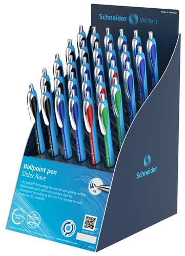 SCHNEIDER - BOLIGRAFO SLIDER RAVE XB EXPOSITOR DE 30
(15x azul, 10x negro, 3x rojo, 2x verde) (Ref.304022/301732)
