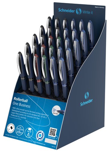SCHNEIDER - ROLLER T.LIQ. ONE BUSINESS 0,6 EXPOSITOR de 30
12x 183003 AZUL
12x 183001 NEGRO
 3x 183002 ROJO
 3x 183004 VERDE (Ref.304702)