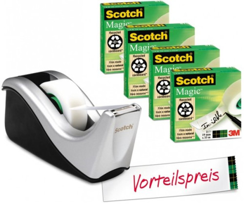 SCOTCH - DISPENSADOR C60 NEGO/PLATA + 4 ROLLOS CINTA MAGIC 19X33M (Ref.C60-ST4)