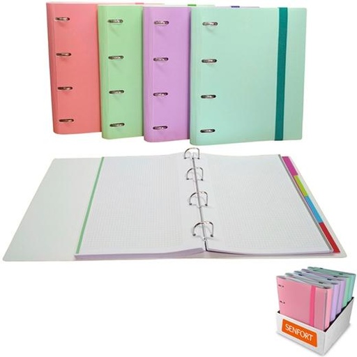 SENFORT - EXPOSITOR 8 CARPETAS RINGBOOK 4 ANILLAS 30MM C/RECAMBIO 120H A4 C/SEPARADORES SURTIDO PASTEL (Ref.175510E)