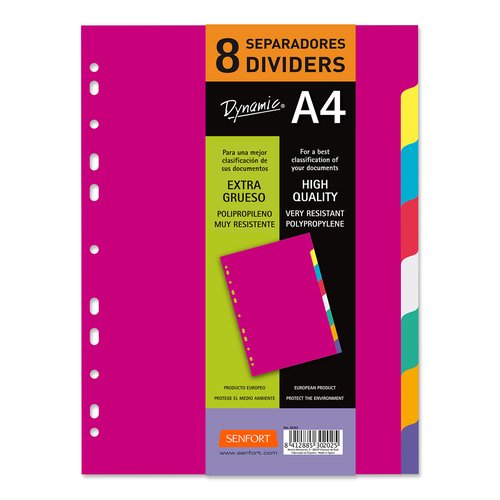 SENFORT - JUEGO 8 SEPARADORES A4 PP RÍGIDO DYNAMIC C/SURTIDOS (Ref.302020)