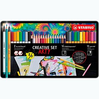 STABILO - CREATIVE SET ARTY (12 POINT 88, 8 COLORES DE PEN 68 BRUSHT Y 16 COLORES DE AQUACOLOR) COLORES SURTIDOS EN CAJA DE METAL (Ref.87/3193)