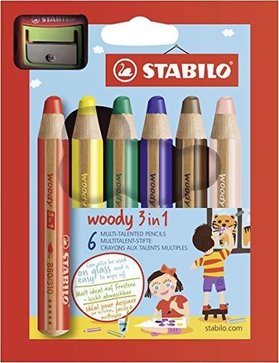 STABILO - LÁPICES DE COLORES WOODY 3 EN 1 + Sacapuntas/Afilalapices SURTIDOS ESTUCHE DE 6 (Ref.8806-2)
