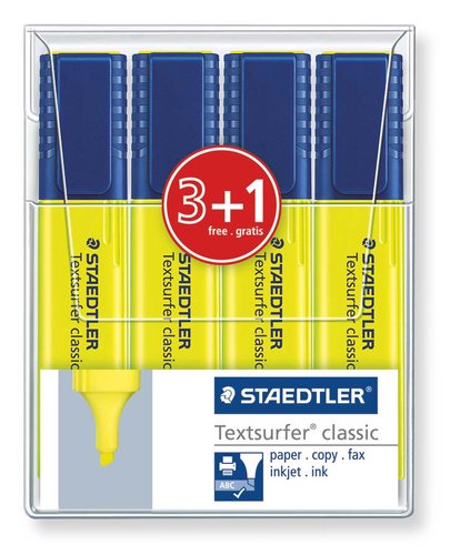 STAEDTLER - MARCADOR FLUOR 364 TEXTSURFER CLASSIC AMARILLO ESTUCHE de 4 (3+1 REGALO) (Ref.364-1 WP4P)