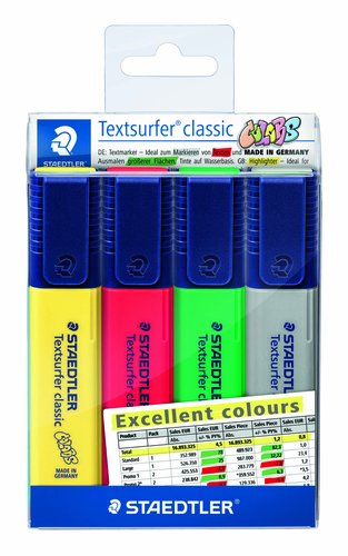 STAEDTLER - MARCADOR FLUOR 364 TEXTSURFER CLASSIC ESTUCHE de 4 (Amarillo, Rojo, Verde, Gris) (Ref.364 CWP4-X)