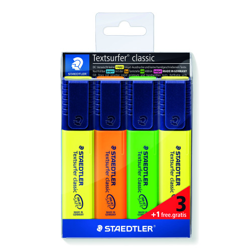 STAEDTLER - MARCADOR FLUOR 364 TEXTSURFER CLASSIC SURTIDO ESTUCHE de 4 (3+1 REGALO) (Ref.364-S WP4P)