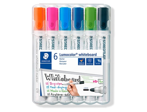 STAEDTLER - ROTULADOR LUMOCOLOR 351 PARA PIZARRA BLANCA PUNTA REDONDA 2 MM RECARGABLE ESTUCHE 6 UNIDADES COLORES (Ref.351 WP6-1)