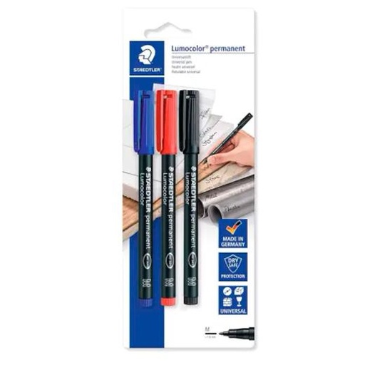 STAEDTLER - ROTULADOR PERMANENTE LUMOCOLOR 317-S BLISTER 3 UD AZUL /NEGRO /ROJO (Ref.317-S BK3D)