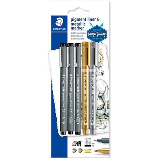 STAEDTLER - SET CREATIVO ROTULADORES PIGMENT LINER & MARCADOR METALIZADO COLORES SURTIDOS BLISTER -5U- (Ref.308 SBK3P3)
