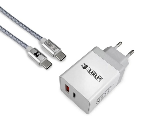 SUBBLIM - CARGADOR ULTRA RAPIDO 2xUSB DE PARED PD18W+2.4A + Cable C to C Blanco (Ref.SUB-CHG-3WPD01)