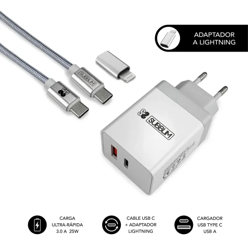 SUBBLIM - CARGADOR ULTRA RAPIDO 2xUSB DE PARED PD25W+QC3.0+Cable C to C y lightning Blanco (Ref.SUBCHG-3WPD10)