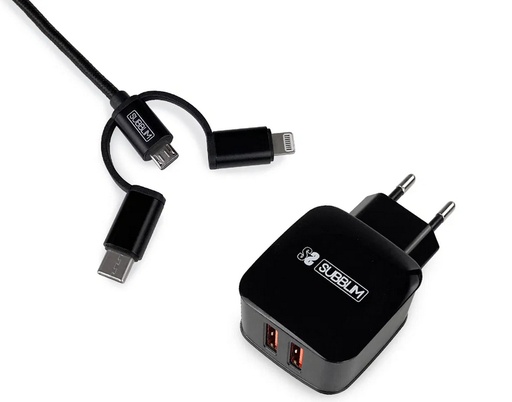 SUBBLIM - CARGADOR USB DE VIAJE/PARED 2xUSB (2.4A) + CABLE 3EN1 BLACK Negro Interior (Ref.SUB-CHG-1ZWC02)