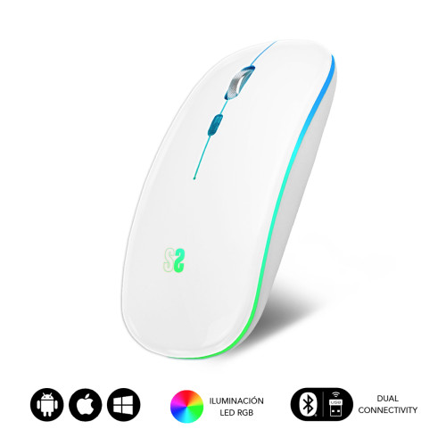 SUBBLIM - RATÓN ÓPTICO INALÁMBRICO 2.4G Y BT RGB LED DUAL FLAT MOUSE WHITE (Ref.SUBMO-LDFLAT2)