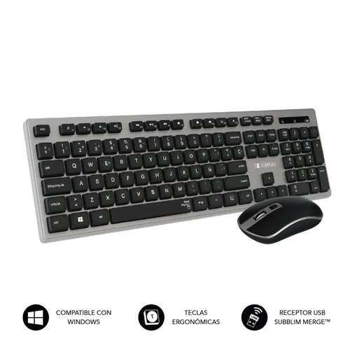 SUBBLIM - Teclado Ergonómico y ratón inalámbricos Plano Silencioso Gris/Negro Ergo (Ref.SUBKBW-CEKE01)