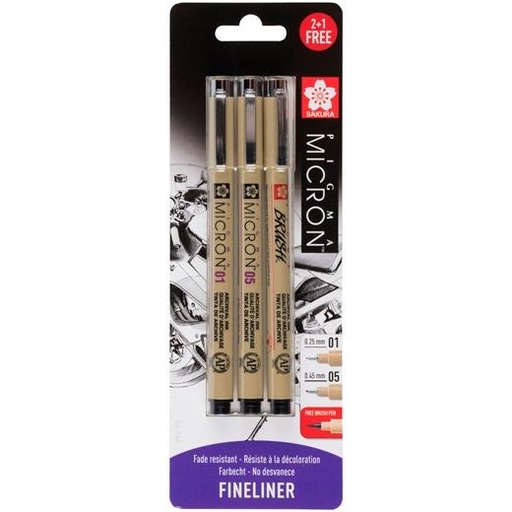 TALENS - SAKURA ESTUCHE 3 ROTULADORES PIGMA MICRON 0,25MM/0,45MM/BRUSH NEGRO (Ref.BLXSDK3AS)