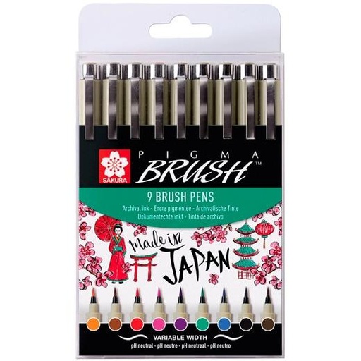 TALENS - SAKURA ESTUCHE 9 ROTULADORES PUNTA PINCEL PIGMA BRUSH PENS COLORES SURTIDOS (Ref.POXSDKBR9)