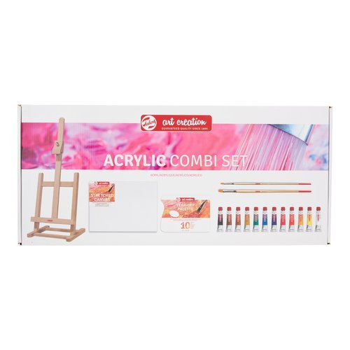 TALENS ART CREATION - PINTURA ACRILICA SET de INICIACION
12x Colores 12 ml (tubo)
 1x Caballete de sobremesa
 1x Paleta de papel desechable
 1x Bastidor (Ref.9011713M)