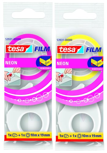 TESA - CINTA ADHESIVA FILM NEON AMARILLO/ROSA rollo 10x19 con MINI PORTAROLLO (Ref.53931-00000-00)
