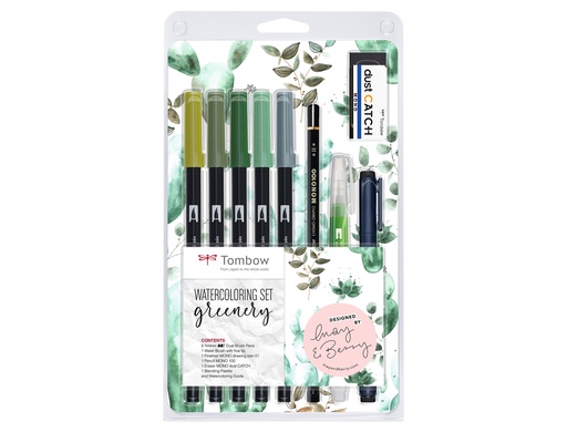 TOMBOW - KIT WATERCOLORING SET GREENERY (1X ABT-098,228,249,312, N52; WS-EFL01; MONO-100-H; EN-DC; WB-FN-1 P; PALETA DE MEZCLAS; INSTRUCCIONES) (Ref.WCS-GR)