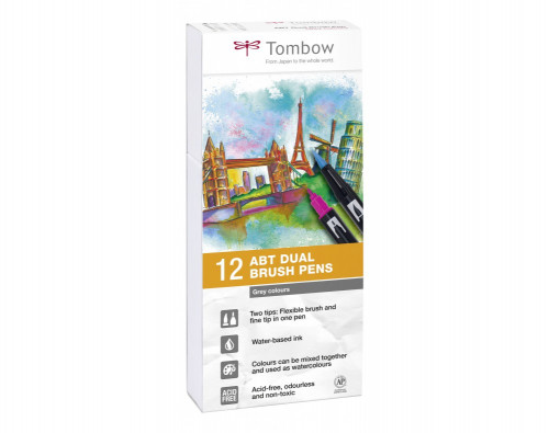 TOMBOW - ROTULADOR DOBLE PUNTA PINCEL COLORES GRISES ESTUCHE de 12 (Ref.ABT-12P-3)