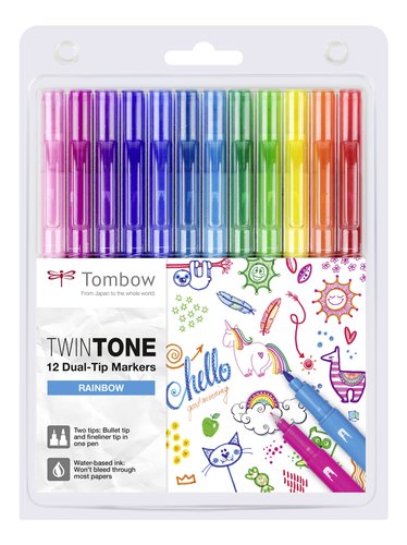 TOMBOW - ROTULADOR TWINTONE DOBLE PUNTA COLORES ARCO IRIS ESTUCHE de 12 (Ref.WS-PK-12P-3)